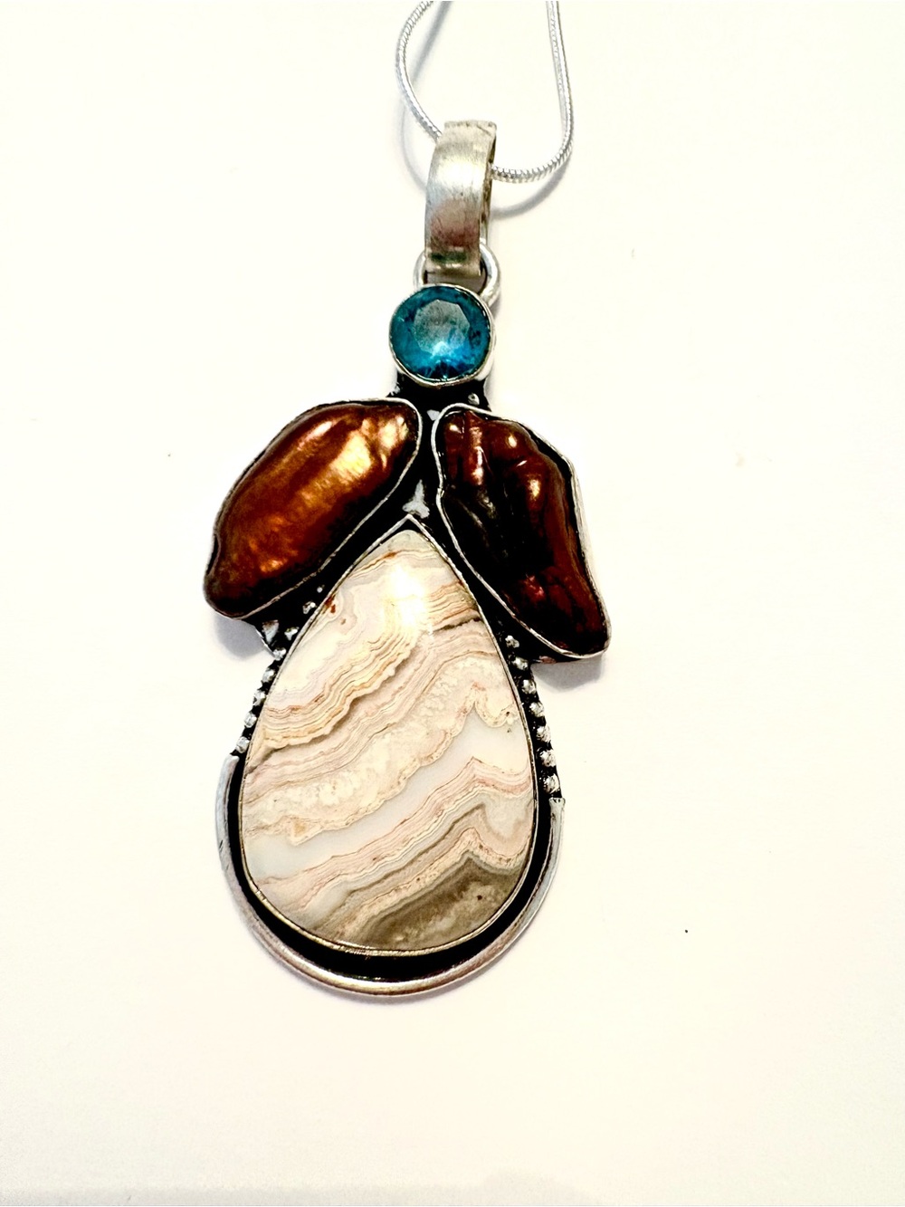 2 1/2 inch,, Yellow Lace Agate , Biwa Pearls, and Blue Topaz pendant on a chain